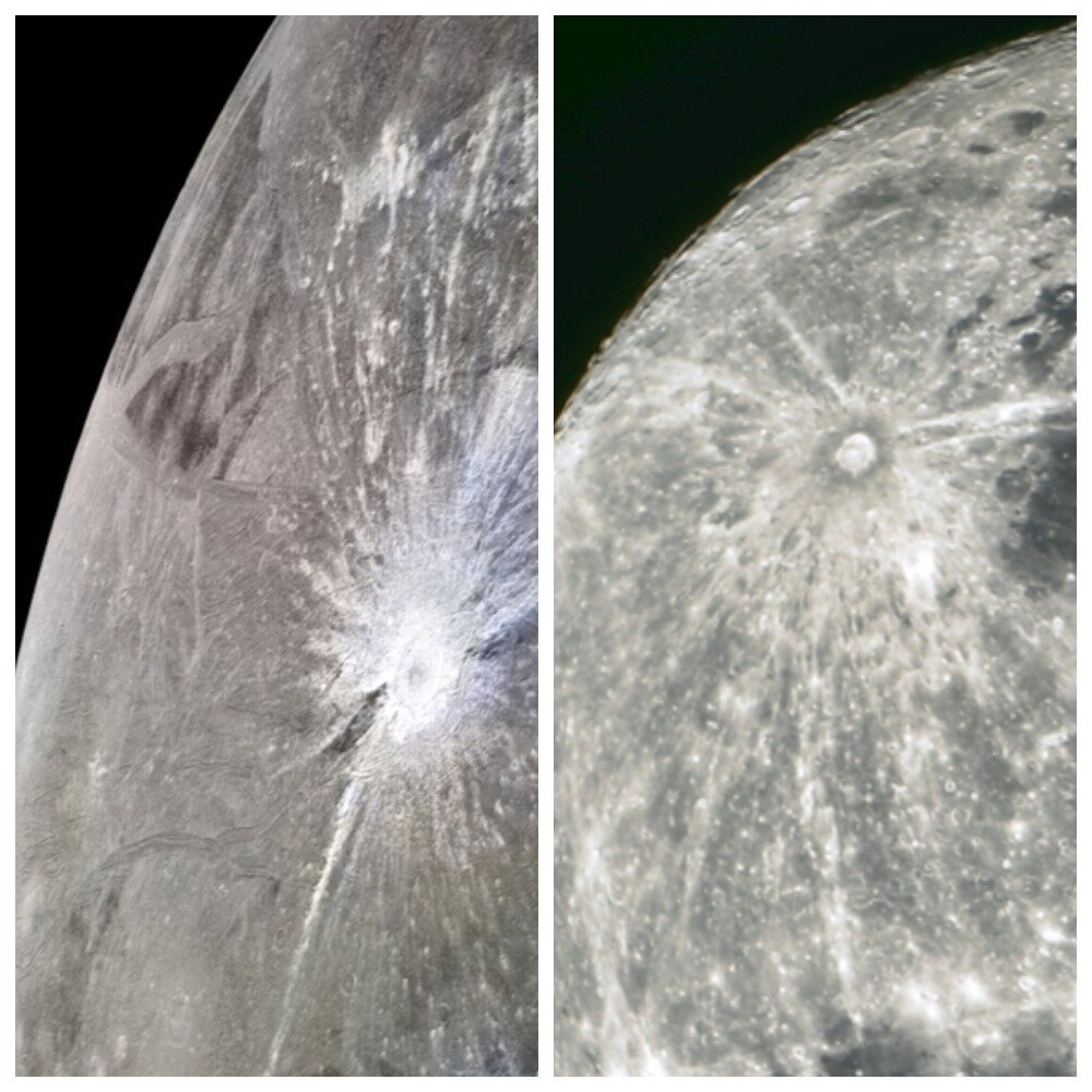 Кратер на Ганимеде (слева) и фото Луны (справа). Очень похожи, правда?