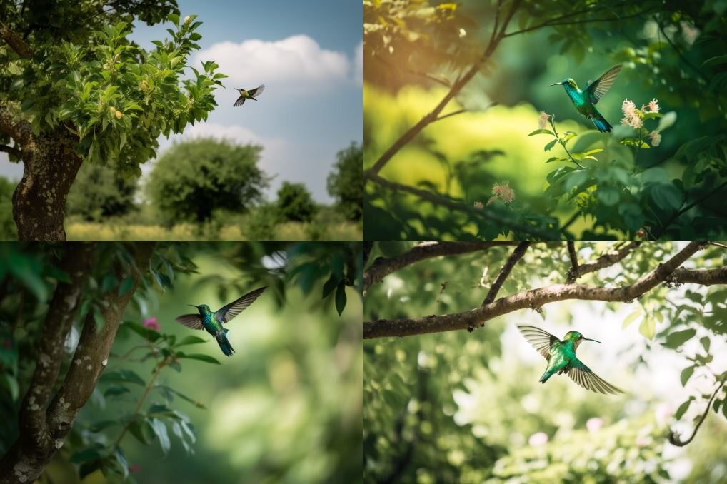 Красивое дерево во Франции, зеленая колибри летит перед деревом, фотосессия, рекламный образ.