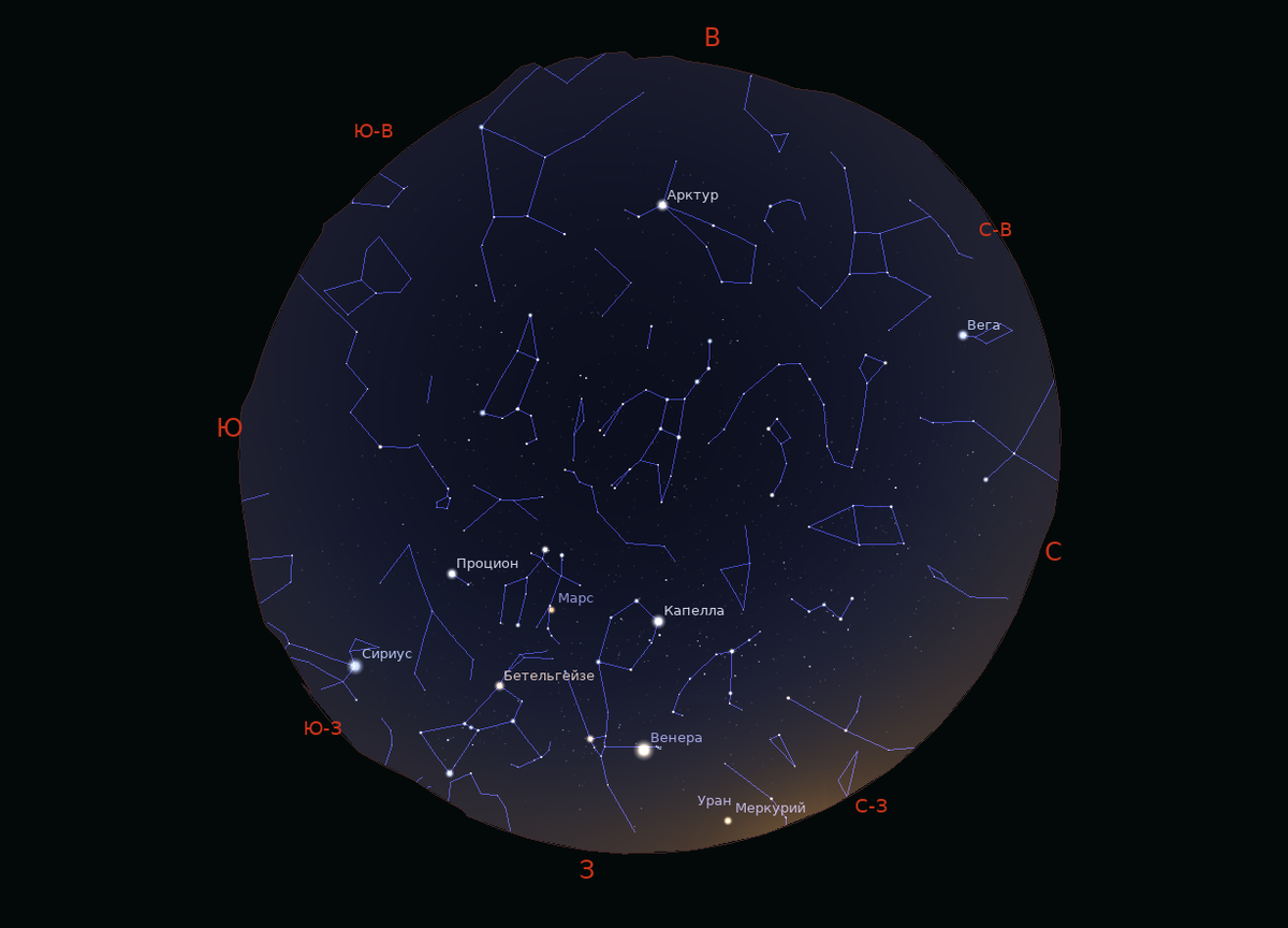 Звёздное небо в середине апреля около 21:00