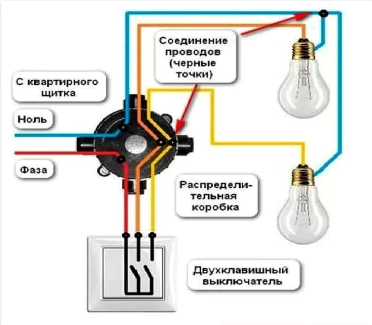 Как подключить выключатель с нулем. Схема подключения двойного провода на 1 выключатель. Схема подключения 2 лампочек и выключателя и розетки. Схема подключения двойного выключателя с розеткой на 2 лампочки. Как правильно подключить выключатель к лампочке схема подключения.