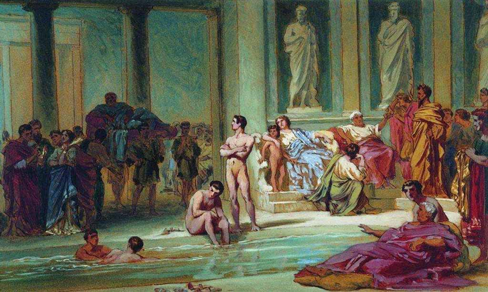 Бронников Ф. А. «В римских банях», 1865 г. Эскиз. Картон, масло. 22 x 35,5 см. Шадринский городской краеведческий музей имени В. П. Бирюкова (Курганская область, Россия).
