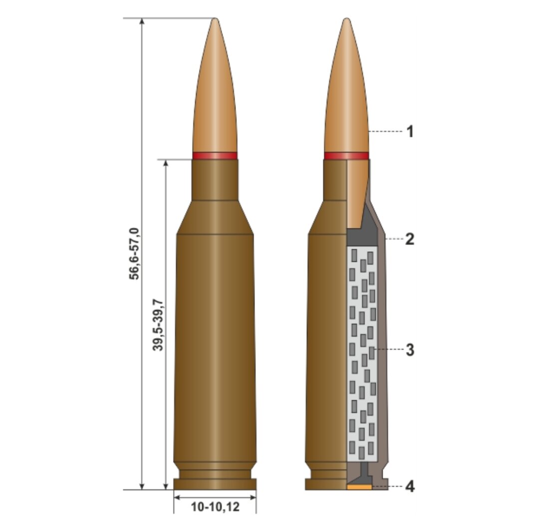  1 - пуля, 2 - гильза, 3 - пороховой заряд, 4 - капсюль