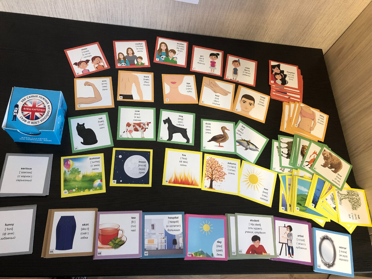 Набор 500 карточек, покупала в Ашане, около 500 рублей. С одной стороны слово с переводом, с другой - фраза с переводом.