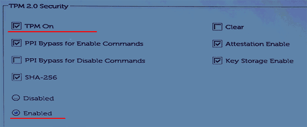 В компьютерах Dell для активации чипа TPM нужно открыть раздел «Security» и установить галочки возле «TPM On» и «Enabled» подразделе «TPM 2.0 Security»;
