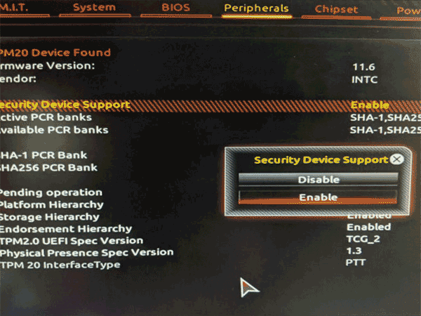 Фирма Gigabyte разместила настройки TPM в разделе «Peripherals». Для активации TPM нужно установить значение «Enabled» для пункта «Security Device Support»;
