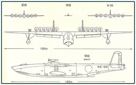 Вверху для сравнения представлены : по центру - истребитель, справа В-36, а слева - «Фугаку».