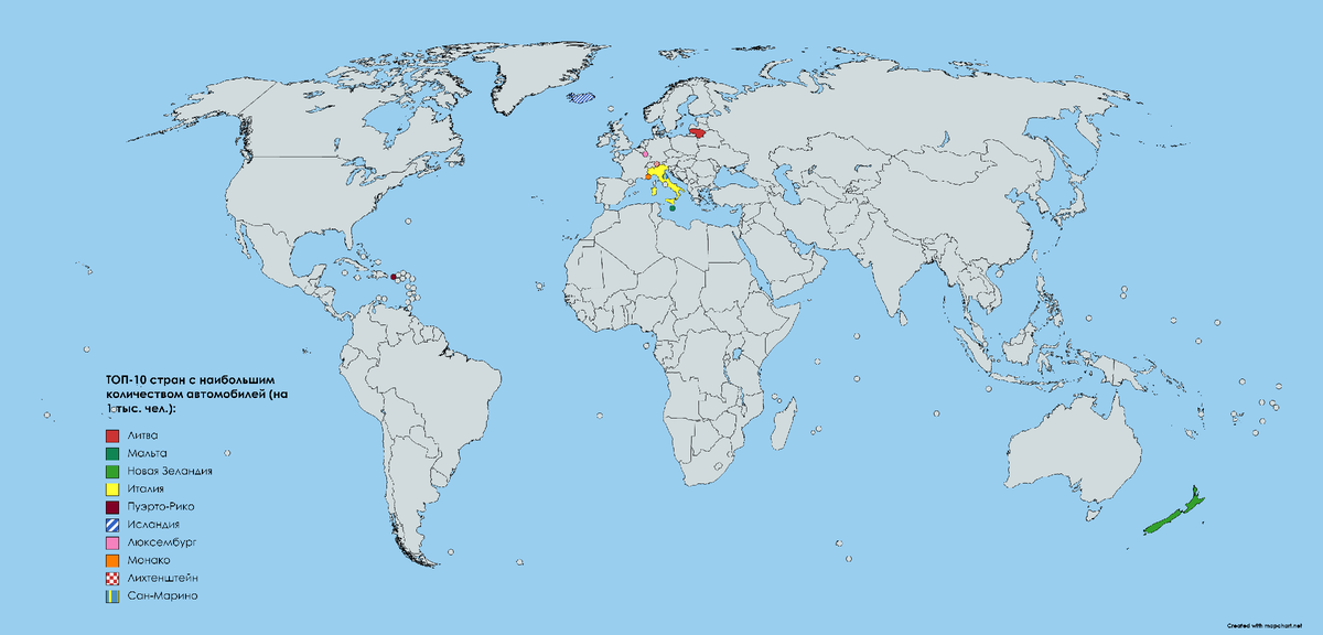 ТОП-10 стран с наибольшим количеством автомобилей на 1000 жителей.