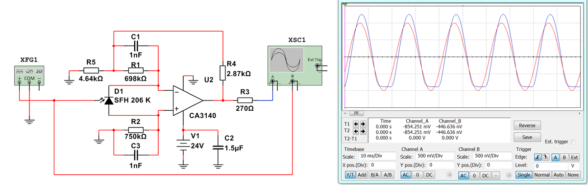 Модель фотодиода не знаю, взяла первый попавшийся. Источник сигналов на входе фотодиода - это световой поток, в Multisim он так симулируется
