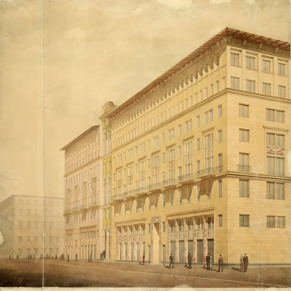 Буров А.К. Жилой дом Наркомлеса на ул. Горького, 25. Вторая очередь строительства. Перспектива. 1941. МУАР