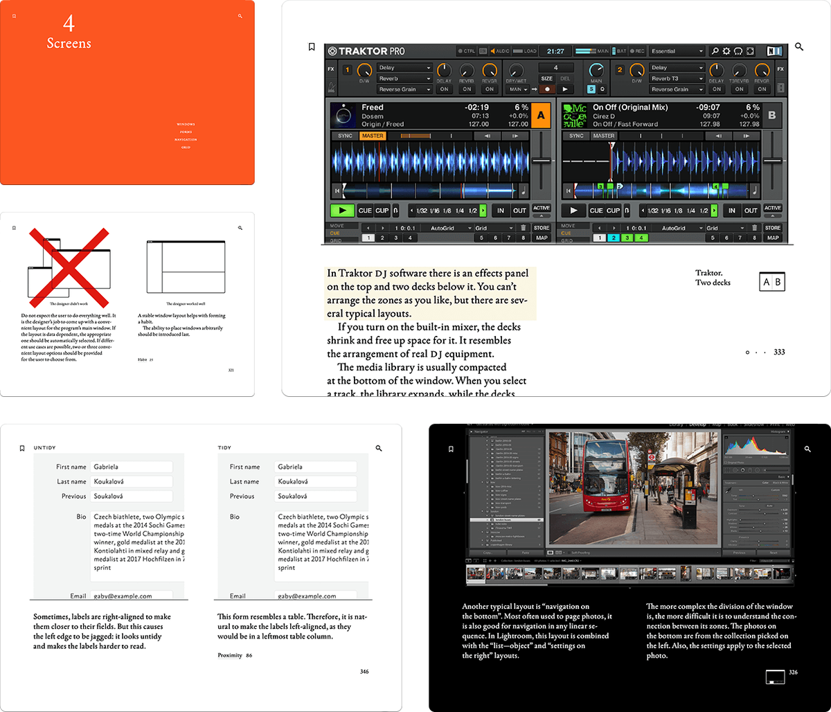 Designing screens of desktop programs, websites, and mobile apps. Also the sample chapter ‘Aiming’ is available for free