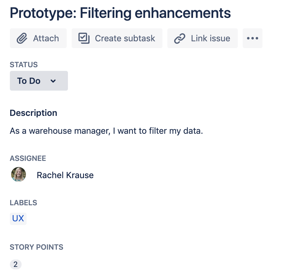 Jira: Пункт в бэклоге помечен, как относящийся к UX, чтобы помочь команде ориентироваться в типах активностей.