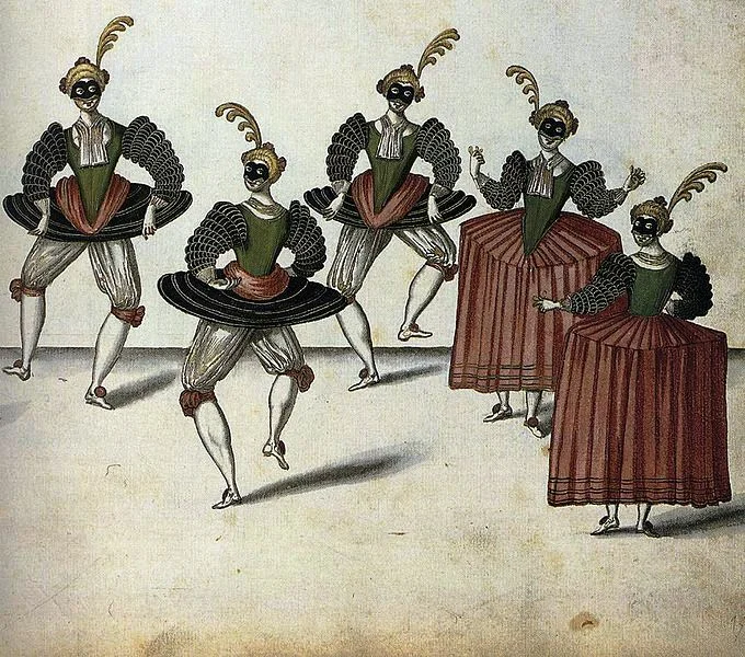 Актёры в фартингейлах. Иллюстрация Даниэля Рабеля к балету, представленному в 1626. (сс) Wikimedia Сommons