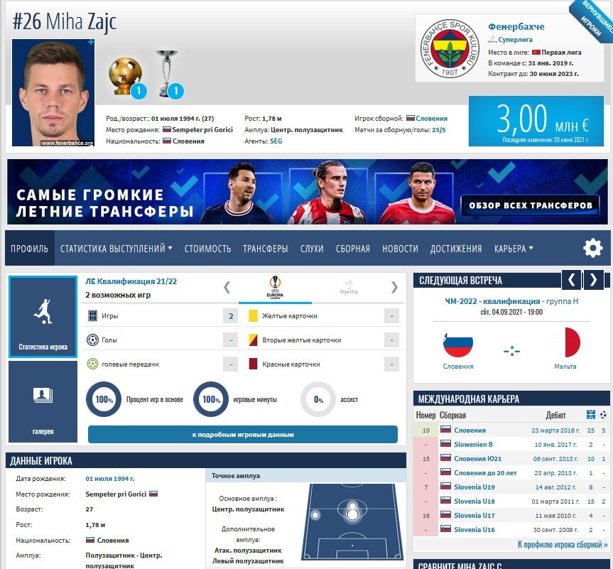 Профиль Зайца. Скрин из трансфермаркта. Листайте вправо