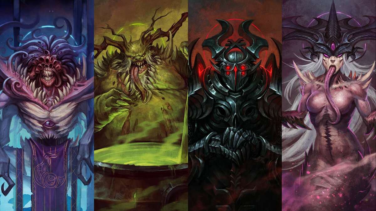 Боги Хаоса: Тзинч, Нургл, Кхорн и Слаанеш (это арт из 40к, но не суть)