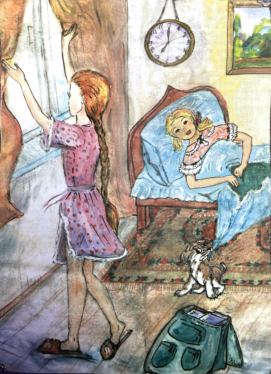 В одном красивом городе жили муж с женой, и было у них двое детей - две девочки. Старшая Дина - ей было десять лет, она была высокая, худенькая, очень умная, трудолюбивая и самостоятельная. Она хорошо училась, утром вставала сразу после звонка будильника, убирала постель, делала зарядку, умывалась, чистила зубы и собиралась в школу. Младшую звали Лена, ей было семь лет. Это была полная противоположность Дины. Маленькая, толстенькая, ленивая. Утром ее не добудиться, умывалась и одевалась с трудом.
Как хорошо, что дома мама и папа, они будили девочек, провожали их в школу и встречали. Но так получалось не всегда, часто мама с папой уезжали в командировку, и Лена с Диной оставались одни. На Дину ложились все заботы по дому, пока не приезжала бабушка. Вот и на этот раз родители уехали, Дина осталась за хозяйку, и неплохо управлялась: у нее везде порядок. Три дня как девочки живут одни. Дине очень тяжело, но она не сдается. Утром, как только зазвенит будильник, Дина вскакивает, ставит чайник на плиту, будит Лену, убирает постель, делает зарядку, чистит зубы, умывается и готовит завтрак. Чай, бутерброды - все готово.
-	 Лена, - зовет Дина, - завтрак готов, вставай!
Но Лена не хочет вставать, она закрыла голову подушкой и старается досмотреть интересный сон, который снится как раз тогда, когда надо вставать.
Но почему-то Лене стало холодно. Лена ищет одеяло, поднимается и видит, что Шарик тащит одеяло с кровати, виляя хвостиком.
-	 Ну, Шарик, не шали, дай, дай одеяло, хоть на минуточку.
Но Шарик потащил одеяло по комнате, потом на крыльцо и в сад: Лена - за Шариком. Солнышко увидело лохматую, сонную Лену, улыбнулось и погладило Лену теплыми лучами по голове. Лене стало так весело, что она и про сон забыла. Прыг-скок, поймала Шарика, отобрала одеяло и в комнату, кинула его на кровать и за стол.
-	 Нет, - сказала Дина, - ты сначала умойся, сделай зарядку.
-	 Не буду, - ответила Лена, - зачем делать зарядку, я же в школу буду идти - вот тебе и зарядка.
-	 Убери постель.
-	 Вот еще, я же приду со школы и буду спать.
Но Дина взяла за руку Лену, завела в спальню и сказала:
-	 Быстро приведи себя в порядок и за стол.
Лена кое-как накрыла постель, натянула гольфы, надела форму. Надевая фартук, она проверила, есть ли в кармане конфета. Конфета была, Лена улыбнулась и пошла в ванную - умываться. Шарик бежал следом, виляя хвостом. Раз-другой Лена брызнула водой на Шарика, провела по лицу мокрой рукой и оба, довольные, вприпрыжку помчались на кухню. С завтраком все справились быстро. Пока Дина убирала со стола, Лена положила в ранец книги и туда же сунула Шарика, приказав ему не визжать, иначе Дина узнает и не разрешит взять его в школу. Шарик притих, и Дина с Леной пошли в школу.
-	 А где Шарик? - спросила Дина.
-	 Убежал в сад, - ответила Лена.
Шарик высунул мордочку и лизнул Лену в шею, Лена испугалась: а вдруг Дина увидит? Но Дина не увидела, а Шарик снова спрятался. 
Печальные мысли не давали Лене покоя: и зачем ей исполнилось семь лет? Она спала, сколько хотела, каталась на качелях, играла с Шариком. Шарик ее преданный друг, и они хорошо понимали друг друга. Если, например, Шарик повизгивал, виляя хвостом, и лизал Лене щечку - это значит, что он хотел конфету, и Лена опускала руку в карман, который был всегда на фартуке, и там всегда была конфета. Ох, какой хороший фартук был у Лены! С большим карманом! Лена с ним никогда не расставалась. Съешь конфету и, так спать захочется, и Лена с Шариком вместе искали тихий уголок и, вытянувшись, сладко засыпали. И им снились удивительные сны.
Да, это было совсем недавно, так было хорошо, и на тебе - Лене исполнилось семь лет. Отпраздновали день рождения, все Лену поздравляли. И чего хорошего?
Да, Лена тоже радовалась в этот день: так много было тортов и конфет. Все улыбались и разрешали ей есть все, что она хотела, и Шарику разрешили, ведь он ее друг. Шарик не отставал от Лены, и вскоре превратился в пушистый колобок, но продолжал вилять хвостиком, хотя взрослые просили Лену, чтоб она больше ничего Шарику не давала, так как он мог лопнуть. Но все обошлось хорошо, Шарик не лопнул, Лена была по-настоящему счастлива.
 Но вот прошел месяц, как отпраздновали день рождения, и Лена поняла, как это ужасно - семь лет. Мало того, что надо рано вставать, ходить в школу, носить тяжелый ранец, ей еще запретили надевать замечательный цветной фартучек, где был большой карман, а в нем всегда были конфеты. Лена совсем загрустила, и тогда бабушка на черном школьном фартуке пришила карман, и в нем стали не переводиться конфеты. Лена воспряла духом, и стала веселее ходить в школу.
Вот и сегодня, идя в школу, Лена сунула руку в карман фартука - конфета на месте. Хотела достать, но Дина заметила и запретила трогать конфету, пока Лена не придет из школы. Лена захныкала и надула губы. Но что это? Лена зашагала быстро, и на личике засияла улыбка. Дина посмотрела туда, куда направилась Лена, и поняла: мороженое. Лена потащила Дину за собой, и через минуту они оказались у ящика с мороженым.
Полная раскрасневшаяся продавщица в белом кокошнике и белой куртке громко расхваливала своё вкусное мороженое. Около нее собралось много детворы, но ни у кого не было денег.
-	 Купи мороженое, - захныкала Лена, - хочу мороженое.
Дина собиралась отказать, так как у нее не было денег, но потом решила сбегать в школу, занять денег у подруг. Пообещав Лене, что скоро вернется, оставила ее, а сама бегом в школу.
Лена знала, что Дина деньги достанет и купит ей мороженое, поэтому она, растолкав всех, встала перед продавщицей, чтобы первой получить мороженое. Детей становилось все больше и больше. Они собирались вокруг большим кольцом и слушали о вкусном мороженом. Продавщицу стала раздражать детская толпа. Обведя всех сердитым взглядом, она сказала:
-	 Нет денег - идите в школу, марш от ящика!
Дети, опустив головы, стали расходиться. Одна Лена стояла как вкопанная.
-	 Тебе чего девочка?
-	 Мороженое,- ответила Лена.
-	 А деньги у тебя есть?
-	 Нет.
-	 Так иди в школу.
-	 У меня конфета есть, очень вкусная, - Лена достала большую красивую конфету.
-	 Попробуйте, очень вкусно!
Продавщица колебалась, но взяла, развернула и откусила.
-	 Да, хороша. - Второй раз откусила: - Замечательная конфета!
Она сунула всю конфету в рот, потянулась и, садясь на лавку, сказала:
-	 Бери мороженое, сколько хочешь.
Она заснула.
Лена не растерялась: одно мороженое - себе, другое - Шарику, он сразу, как только Дина скрылась, высунул мордочку, и время от времени лизал Лене щечку, повизгивая. Лена знала, что он тоже хочет мороженого, и дала ему шоколадный пломбир. Дети сразу собрались в тесный кружок и закричали все хором:
-	 И мне, и мне.
Лена раздавала мороженое всем желающим. Что тут началось!!! Лена надела белый колпак продавщицы. Дети все подходили, и Лена всем давала мороженое, и сама ела: одно, другое, третье.
Тут прибежала Дина:
-	 Что тут творится? Ты почему надела белый колпак?
Она сорвала с головы Лены белую шапку:
- Кто тебе разрешил раздавать мороженое?
Дина стала будить продавщицу, но та крепко спала и похрапывала.
- Вот это да! Быстрей в школу, негодница!
И она потащила Лену в школу.
Во дворе школы они услышали звонок. Только Лена забежала в класс и стала за свою последнюю парту, как вошла учительница.
Начался урок. Какой трудный и нудный урок, как трудно сидеть на одном месте! Лена полезла в карман, достала конфету и хотела уже сунуть ее в рот, но сосед по парте Гоша сказал:
- И мне дай.
Лена переломила конфету пополам, и стали жевать.
- Хорошее, - говорит Гоша, - мороженое, а конфета лучше!
И заснули, да так сладко, что не услышали, как учительница их будила. Прозвенел звонок, все дети вышли из класса, а учительница пошла за Диной. И как только она вышла, Шарик стал лизать нос Лены и щечку. Лена тут же проснулась и стала будить Гошу. Помог Шарик, он стал лизать ему щечку и щекотать хвостиком в носу. Гоша чихнул два раза и проснулся. Шарик юркнул в шкаф, за ним Лена, а следом Гоша. И только они успели спрятаться, зашла учительница.
-	 А где же они? - удивилась Дина.
Учительница заглянула под парту - она только что тут оставила их спящими. Разводя руками, они вышли из класса, и пошли искать в соседний класс. А Лена с Гошей бегом прибежали в класс, где должен проходить урок рисования. Когда зашли в класс, все стали смеяться:
-	 Сони, сони, вот вам учительница задаст!
-	 Ничего не будет, - сказала Лена, - она нас не нашла, и давайте не будем ссориться, а за это я вам конфету дам, одну на четверых.
Дети с радостью приняли конфеты, прыгая и крича:
-Мир, мир, мир!
Вошла учительница:
-	 Что за шум? Все сели. Дети, хорошо сели, руки на парту.
Все положили руки на парту. Учительница улыбнулась. Послушные дети, но что это? Одна за другой все головы ребят склонились на парту - все заснули. Что это, спит весь класс? На глазах у Веры Ивановны выступили слезы:
-	 Плохая я учительница, если не могу заинтересовать ребят. Что мне делать?
Лене стало жалко Веру Ивановну, она вытащила конфету и подошла к учительнице:
-	 Не плачьте, Вера Ивановна, пусть будет тихий час.
Вера Ивановна погладила Лену по голове, взяла конфету, машинально откусив, отложила:
-	 Да, милая Лена, хорошая конфета, очень вкусная, спасибо, но мне так тяжело, почему я не могу заинтересовать детей, чтоб им не хотелось спать?
Она склонила голову на руки и прошептала:
-	 Тихий час.
-	 Спит, - сказал Гоша, - вот это учительница, она нас понимает и тоже хочет спать. Что будем делать? Пойдем в парк?
-	 Пойдем, - ответила Лена.
И они на цыпочках вышли из класса и направились в парк.
Как хорошо на качелях, на каруселях. Лена тут же запела придуманную ею песенку: 
Солнце светит высоко, как хорошо, как хорошо!
Мы убежали далеко, как хорошо, как хорошо!
На каруселях сотый круг, как хорошо как хорошо!
Мы увидали все вокруг, как хорошо, как хорошо!
Гоша подтвердил:
-	 Да, красиво вокруг, вот бы попутешествовать.
Лена улыбнулась и подмигнула Шарику, который сидел около ранца и вилял хвостом.
-	 Ты что, с ним не расстаешься? - спросил Гоша.
-	 Никогда, - ответила Лена, - это мой верный друг, мы с ним хорошо понимаем друг друга,
-	 Да, - согласился Гоша, - хороший у тебя друг. Вот если б у меня была такая собака, я бы тоже везде брал ее с собой.
Вдруг Шарик прыгнул в ранец, крышка захлопнулась. Лена услышала шаги и голос Дины:
- Ах, вот вы где! Проказники! Спускайтесь вниз!
Лена и Гоша надели ранцы и спустились с карусели на землю перед грозной Диной.
- Что вы натворили, почему сбежали с урока? Весь класс спит, Вера Ивановна объяснила, что был общий тихий час. Но где вы, что с вами? Она очень переживает, с ног сбилась, ищет вас.

Когда Вера Ивановна увидела Лену и Гошу целыми и невредимыми, очень обрадовалась, обнимала их, целовала и Лена решила, что никогда больше не будет обманывать учительницу и кушать на уроке конфеты.
Сколько было радости, когда пришли домой! Дома их ждала бабушка. Лена прыгала вокруг бабушки, хлопая в ладоши. Шарик крутился рядом и кувыркался. Дина целовала бабушку в обе щеки. Бабушка радовалась вместе с внучками. А когда сели за стол и стали пить чай с клубничным пирогом и малиновым вареньем, Лена почувствовала себя совсем счастливой. Такие вкусные пироги пекла только их бабушка. А бабушка смотрела на своих внучек и радовалась, до чего же хорошие у нее внучки.
На следующее утро встали все рано, даже Лена, посопев немного, поднялась с подушки. Шарик уже давно крутился около нее, визжал, виляя хвостом. Лена потянулась, Шарик схватил одеяло и потащил с кровати. Лена погналась за Шариком, но он на этот раз хитрил, то подпустит Лену, то со всех ног наутек. Дина делала зарядку, бабушка готовила завтрак. Увидев, как Лена бегает за Шариком, обе рассмеялись:
-	 Вот это зарядка, ну и Шарик, до чего додумался!
Лена изловчилась и схватила одеяло, но не удержалась и упала. Шарик стал играть с Леной. Лена смеялась. Смеялись и Дина с бабушкой. Потом все умылись и за стол. Какой вкусный завтрак приготовила бабушка! Было хорошо, что бабушка с ними, что сегодня суббота и в школу идти не надо, а всем на субботник: строили спорткомплекс с бассейном и спортплощадками; замечательное здание - большое, красивое, настоящий дворец и такой нужный для ребят.
Сколько было шума, сколько было радости, все работали: от мала до велика, и все старались. Работу распределили четко, всем по возрасту. Лене доверили нажимать кнопки лебедки, которая попеременно подавала кирпич и цемент наверх, где рабочие клали стены. Загорится красная лампочка - нажимай, значит, нужен кирпич. Загорится синяя лампочка - нажимай, значит, нужен цемент, вот и вся работа.
Лена исправно нажимала то красную, то синюю кнопки, и все шло хорошо. Но скоро ей надоела такая работа, она показала Шарику, как надо жать кнопки, Шарик вильнул хвостиком, взвизгнул, - ну молодец, понял, совсем просто.
Поставив его лапки на кнопки, сунула в рот себе конфету и пошла искать место, где бы подремать. Шарик стал жать: красная, синяя, красная, синяя. Но что это, коготки зацепились, и лапки нельзя оторвать от кнопок. Цемент идет, а следом и кирпич. Сверху кричали:
-	 Хватит!
Но Шарик не может вытащить лапки, и цемент идет, а следом кирпич. Рабочих завалило кирпичом, залило цементом. Прибежали вниз и видят: Лены нет, а Шарик жалобно скулит, поджав хвост. Кое-как вытащили коготки, и конвейер стал. Освободили рабочих из-под кирпича и цемента. Стали искать виновницу. Нашли спящую Лену, прибежала Дина, и вдвоем с Шариком кое-как ее разбудили. Узнав обо всём, Лена расплакалась, пришли домой невеселые. Бабушка и так, и этак:
-	 В чем дело?
Обе молчат, только Шарик скулит, пожав хвост.
-	 В чем дело? В чём провинились? - спрашивает бабушка. - Шарик вину признал, а вы в чем виноваты?
И тут Лена, плача и утирая слёзы, обо всем рассказала бабушке.
-	 Ничего, - утешила бабушка. - Я думаю, такого больше не случится.
Лена засияла, поцеловала бабулю и дала слово, что больше не будет есть конфеты и спать. И Лена свое слово сдержала. Целую неделю она вставала после того, как прозвенит будильник - правда, подняться ей помогал Шарик: после звонка он сразу начинал лаять и тянул одеяло. Лена вскакивала, хваталась за одеяло и говорила Шарику:
- Ну-ну, Шарик, не шали. Видишь, я уже встала.
Она потягивалась раз-другой, несколько раз перегибалась и бежала умываться.
Шарик прыгал рядом. Лена умывалась, брызгала водой на Шарика - и бегом одеваться. Лена спешила, старалась, но к столу приходила позже всех.
Лену хвалили за ее старание и замечали, что сегодня она пришла раньше, чем вчера. Лена была довольна и старалась изо всех сил.
А в субботу после двух уроков объявили о том, что будет сбор металлолома.
Все разошлись по домам, переоделись, и стали тащить из дома все ненужные железки в одну кучу. Чего здесь только не было: старые самовары, железные кровати, котлы, железные бочки. Лена ахнула:
- Вот это котел тащат мальчишки, целый дом.
И когда его положили на кучу, она шепнула Шарику:
-	 Давай спрячемся в том домике, пусть нас поищут.
Шарик завилял хвостом, прыг-скок - и они забрались в котёл и крышкой накрылись. Жалко, что совсем темно, но хорошо слышно, что делается вокруг. Собрались дети, стали обсуждать, выполнили они норму или нет. Еще двое принесли железную плиту, и все захлопали от радости:
-	 Большая куча? Большая куча!
Пришли старшеклассники с тележкой, стали грузить металлолом и перевозить его в одну кучу. А когда взялись за котел, то удивились:
-	 Вот это котел, сразу сто килограммов будет! Какие сильные октябрята, такой котел притащили.
Малыши радовались, что их похвалили. Весь металлолом свезли в одну большую кучу и все разошлись. Лена сначала смеялась, когда ее везли на тележке, а когда свалили, и она оказалась вниз головой, то стало не смешно.
-	 Ну, Шарик, сейчас все разойдутся, и мы с тобой вылезем.
Но тут сверху еще навалили металлолома, и еще, и когда все разошлись, Лена поняла, что самим им не выбраться. Шарик скулил, поджав хвост. Лена поудобнее уселась, взяла Шарика на руки, съели по конфете и заснули.
А дома переполох: пропала Лена! Всех подняли на ноги, но Лены с Шариком не было нигде.
Утром Лена проснулась от страшного шума, Шарик потихоньку скулил, поджав хвост. Гудели машины, был слышен скрежет железа. Их котёл несколько раз перевернулся и, колыхаясь, поднялся вверх и поплыл, качаясь, как на каруселях. И вдруг - трах-тарарах! - упал на что-то пружинистое:
-	 Это нас грузят в машину, - догадалась Лена.
Шарик громко заскулил и затявкал, Лена заплакала и стала стучать и звать на помощь:
-	 Караул, спасите, помогите!
Погрузку остановили.
-	 Слышите, ребята, собака скулит и лает, и девчонка плачет? Где это?
Осмотрели все вокруг - нет никого и вдруг снова:
-	 Караул, спасите, помогите!
И собака заходится:
-	 Гав, гав, гав!
-	 Да это в машине! А ну, братва, лезьте в кузов, смотрите, может, это те, что пропали, нашлись?
Полезли в кузов, стали железки поднимать и слышат:
-	 Мы здесь, мы здесь, в котле.
Постучали по котлу и спросили:
-	 Здесь кто-то есть?
-	 Тут, тут мы, откройте нас, спасите, мы больше не будем прятаться!
-	 Ах, вот оно что? Спрятались, значит, да так, что чуть в печку не попали. Сделали бы из вас кусок железа. А ну, где вы?
Грузчики перевернули котёл и открыли крышку.
- Вот это да!!!
Вытащили черную, всю в саже, перепуганную Лену и что-то чёрное и лохматое.
- А что у тебя в руках?
- Это мой Шарик, моя собачка, мы вместе с ним прятались.
- Ну, друзья, - улыбнулись грузчики, - отвезем их домой, розыск им был объявлен. Только объявили, что пропала беленькая девочка с рыжей собачкой, а нашлась черненькая с чёрной собачкой. Так, может, это и не вас ищут?
- Нас, нас, - расплакалась Лена. – Я была беленькая, а Шарик рыженький, только мы так перепугались, что почернели за одну ночь.
-	 Ну и дела, - улыбнулся водитель.
- Так и быть, отвезу, а там пусть разбираются, вы это или не вы.
И привез Лену с Шариком к бабушке.
-	 Ваши? - спросил водитель бабушку, показывая Лену с Шариком. - Если не ваши, то отвезем их в милицию.
-	 Наши, конечно, наши! - запричитала бабушка.
Она кинулась к Лене, стала ее целовать, сама покрылась сажей. Вытирала ей слёзы, которые градом катились по Лениным щекам, и личико становилось белым.
Шофёр улыбнулся:
-	 Так и правда, что она беленькая!
А Шарик затрясся сильно - сильно. Сажа наполовину слетела с его шерсти, и он стал серо - рыжим.
-	 Да, - сказал шофёр, - цвет на глазах меняется.
Попрощался и уехал.
А бабуля устроила баню для всех, и только Лена надела чистенькое платьице, прибежала из школы Дина. Она плакала от радости и обнимала свою сестричку и просила её больше никогда не прятаться. Лена обещала, и слово своё сдержала, больше никогда не пряталась.
Она стала лучше учиться. Получила “четыре” за кружочки, которые так старательно выводила, и “пять” за крючочки, которые у неё очень хорошо получались. Радости не было конца, и Лена решила, что когда вырастет, она тоже будет учить детей. Только она по-другому будет учить. Дети в школу будут ходить после обеда. Один час заниматься, потом бегать, прыгать, еще час заниматься и снова бегать и играть в разные игры, потом делать домашнее задание и домой. Вот было бы хорошо!
Дина хвалила Лену, говорила, что все у неё получится, если только Лена сможет побороть лень, которая в ней сидит. Тогда она сразу поймёт, как легко все делать - учиться, и по дому помогать, - вот только надо от лени избавиться. Лена удивилась:
-	 Что ты, Дина, если б только во мне была лень, то я бы ее видела. Где может во мне прятаться лень, да так, что я её не могу видеть? И как с ней бороться, если она невидимая?
-	 Да, - сказала Дина, - потому и трудно с ней бороться, что она невидимая, да к тому еще и хитрая. Сначала лень маленькая, а потом видит, что её не замечают и не борются с ней, - начинает расти, силы набирается и становится большой, сильной и невидимой. Вот потому и трудно с ней бороться, а бороться надо так. Вот тебе не хочется вставать рано - это лень тебя держит, а ты скажи ей: “Нет, лень, я тебя поборю”, - и, собрав все силы, побори лень и встань. Вот и получилось: хоть с трудом, но ты лень поборола! А потом пойди и почисть зубы, лень и здесь будет тебя поджидать, но ты побори лень, и хорошо почисть зубы. Вот ты и поборола лень второй раз. И так несколько дней подряд, а через недельку ты почувствуешь, как тебе стало легко. И ты можешь смело сказать, что поборола лень. Это трудная, но большая победа.
-	 Да, - вздохнула Лена, - наверно, очень сильная лень во мне сидит: я хочу утром рано встать, но не могу глаз открыть. Это лень мне мешает и держит меня в постели, вот противная! Но я её всё равно поборю.
Сестрички обнялись. Дина любила Лену и верила, что у неё всё получится. А в субботу после уроков Динин класс шел в турпоход в лес с ночевкой, а в воскресенье вечером решили вернуться. Сколько было радости, взяли палатки, спальные мешки, побольше картошки, чтобы печь на костре. Настроение у всех было весёлое. Вожатая Танечка и классный руководитель Борис Иванович тщательно проверили, все ли готовы идти в лес. Дина пришла с Леной, а между ног прятался Шарик. Борис Иванович, строго посмотрев на Дину, сказал:
-	 Это что за цирк? Мы идем в лес с ночевкой, и лишние приключения нам не нужны. Лена пусть останется дома.
Но Лена так уцепилась за Дину, что Борис Иванович понял: что она не останется.
- Ну, хорошо, - уступил Борис Иванович, - Лена пусть идёт, только ты Дина не отпускай её от себя ни на шаг, а Шарика ни в коем случае не возьмём.
Лена быстро сбегала домой, отдала Шарика бабушке и догнала отряд, который строем, с рюкзаками за спиной, с песнями, бодро шагал вдоль улицы.
Дина шла первой и несла красный флажок, а позади отряда шла вожатая Танечка и тоже несла красный флажок. Прошли одну улицу, другую и оказались за городом. Прошли вдоль красивого луга. Сколько цветов, какие бабочки летают, стрекочут стрекозы, прыгают кузнечики! Дина запела:
-	 В траве сидел кузнечик, в траве сидел кузнечик...
Все тридцать человек хором подхватили. Борис Иванович тоже не отставал и вторил басом. Солнце улыбалось с высоты голубого неба и детям казалось, что оно тоже подпевает и идёт за ними следом.
Вот и лес, как всё таинственно, какие сосны, и ели, и дубы могучие! Борис Иванович шел впереди, он знал, где находится большая ясная поляна, чтобы поставить палатки.
-	 Да вот она! Что за чудо! Лес кольцом окружил цветущий луг. Вот это да! Как красиво! Солнышко тоже остановилось.
-	 Здесь будем, здесь! - закричали все дети.
-	 Здесь, здесь, - ответил Борис Иванович, - бросайте свои рюкзаки. Девочки, далеко не ходите, собирайте сухие ветки для костра, а мы с мальчиками будем ставить палатки.
Дети с радостью разошлись. Лена тянула Дину:
-	 Вот хорошая ветка, а вот еще лучше!
-	 Хватит, - просила Дина, но Лена так старалась, что Дина шла за ней.
-	 Пойдём, хватит, уже и так много, нам тяжело будет нести.
И они пошли к поляне, но это им лишь казалось, а шли они в противоположную сторону, вглубь леса.
-	 Мы не туда идем, - остановилась Дина.
Лена молчала. Пошли в другую сторону - и снова темный лес и колючий кустарник преградил им дорогу. Дина стала аукать, пошли на ответное «Ау», и снова перед ними встала густая чаща леса.
-	 Где мы? - захныкала Лена. - Кругом такие громадные деревья! Смотри, какое чудо!
-	 Да это корни могучего дуба, - сказала Дина, - это дерево упало, а корни, как верёвки, висят. Ай, дождик пошел, давай спрячемся от дождя под этими корнями. Здесь большая яма, как пещера, и дождь не страшен. Ветки сухие положим и сядем на них.
Когда спустились под своды корней, то увидели, что земля утоптана, положили ветки, уселись. Дина поморщилась:
-	 Что-то в спину давит, наверно сучок?
Раздвинула ветки и удивилась:
-	 Лена, здесь дверь!
Дети раздвинули ветки, которые закрывали большую дверь, нажали на ручку, и дверь со скрежетом открылась. Дина зажгла спички, и они оказались в большой мрачной пещере. Кругом паутина и черные от копоти стены. Посредине стояла большая тренога, на которой восседал громадный котёл, а под котлом виднелись перегоревшие угли, - видно, здесь готовили пищу. Кругом валялись кости, пустые бутылки, разные вещи. Лена захныкала:
-	 Дина, я боюсь, здесь, наверно, живёт Бармалей?
-	 Бармалеев нет, - отмахнулась Дина.
-	 А людоеды есть?
-	 Людоеды есть, пошли отсюда, где-нибудь в другом месте переждём дождь.
И только они дошли до двери, как слышат:
- Добрались, совсем измокли. Ну и погодка, всё дело нам испортила. Хотели поживиться, да дождь пошел. Ничего, отсидимся, а завтра наверстаем упущенное, от нас не уйдёт. Быстрее, братва, закрывай двери и давай огня. Что-то здесь чужим духом пахнет?
Кто здесь чужой - выходи на бой! Мы из тебя быстренько отбивную сделаем, поджарим, и будет у нас ужин.
Лена и Дина забились в угол, дрожали и зубами стучали. Бандиты зажгли свечи. Пламя заплясало по углам:
- Атаман, никого нет, тебе почудилось!
- Нет, не почудилось, - гаркнул страшный атаман, - я одним глазом лучше вас вижу, а носом чую за всех вас. Есть здесь чужие. Кто здесь? Выходи на бой!
Он страшно потрясал громадными кулаками, и казался чудовищем в своей грязной, рваной одежде. Волосы его торчали дыбом, черная повязка закрывала один глаз. Тельняшка - разорвана, и из дыры выглядывала вся в наколках волосатая грудь, а кругом побрякушки - все это сотрясалось, звенело, и становилось очень страшно. Он велел:
-	 Ищите по углам.
Бандиты, их было шестеро и атаман седьмой, разбрелись, по углам, тыча ножом или пистолетом в каждый предмет. И вдруг один из бандитов завизжал, отскочив в сторону, показывая в угол пальцем:
-	 Вот здесь, берите их!
-	 Живьём! - заорал атаман. - Тащите их, не бойтесь, нас много, мы победим. На середину их, к огню!
Когда вытащили на середину Лену и Дину, то атаман и другие бандиты расхохотались. Один бьёт другого по плечу:
-	 Вот те на, да это же малявки! Ха-ха-ха! Ну и детки! Ну и хороши, сами на обед пришли! Да ты посмотри, как они дрожат, бедняжки, вот полакомимся! Ха-ха-ха!
-	 Да там и дрова сухие есть, - заметил один из бандитов, - я споткнулся, когда заходил.
-	 Ну, несите скорее, жгите костёр, жрать охота, - сказал атаман.
Один побежал за дровами, другой схватил Дину, покрутил её:
-	 Эта побольше, но одни кости звенят, зато эта, - и он схватил Лену, - цыпленок бройлерный, пальчики оближешь, ну и повезло нам.
-	 Этого цыплёнка съедим сейчас, - сказал атаман, - а эту воблу, - он указал пальцем на Дину, - съедим через недельку, когда она подсушится на дереве, мы её с пивом схаваем. Берите веревку.
-	Ну, иди, крошка. Ха-ха-ха!
Бандиты схватили Дину, как паршивого котёнка, обмотали несколько раз веревкой и вынесли из пещеры. Увидев самый большой дуб, один из бандитов залез и подвесил Дину, а конец веревки закрепили у подножья. Бандит похлопал Дину по мокрой от слез щеке, и ласково сказал:
-	 Сушись, детка, недельку, а через недельку мы тебя с пивом... Ха-ха-ха! Вот будет хороша рыбёшка!
Дина, как в гамаке, качалась на самой верхушке дерева, мысли у нее были только о Лене. А Лена сидела и дрожала. Бандиты разожгли большой костёр. Посадили Лену на большое блюдо, а блюдо поставили на бочонок из-под вина. Все сели кругом, вытащили ножи. Атаман достал свой кривой нож и сказал:
-	 Вот, братва, перед вами великолепное блюдо. Каждый может отрезать себе лакомый кусочек, но по очереди. Я первый, за мной остальные.
Бандиты посчитались, кто за кем, облизнулись. Лена зажмурила глаза, ей стало так страшно.
-	 Ну, начнём трапезу, - сказал атаман, - посмотрите, какое у неё жирненькое брюшко.
У Лены от страха отнялась речь, только сильно трясло.
Атаман гаркнул и с удовольствием воткнул нож в большой Ленин живот. С треском распорол большой карман на цветном фартучке. Но что это? На поднос посыпались конфеты. У бандитов округлились глаза.
-	 Вот это цыпленок! У нее вместо кишок полный живот конфет! А ну, братва, налетай. Попробуем, что это за конфеты?
Каждый потянулся за конфетой.
-	 Ну и вкуснятина, таких мы еще и не ели. Хороши, - закрывая глаза, сказал один бандит, за ним второй, третий, и все бандиты с довольными улыбками развалились на полу и заснули. Атаман с удивлением смотрел на свою гвардию, но и у него глаза заволокло, все поплыло перед глазами, он проворчал:
- Завтра съедим, - поднял руку с ножом и без сил уронил, захрапел, страшно повизгивая. Лена открыла глаза: кругом все спали, трещали дрова в костре. Свет свечей дрожал от храпа, и догорала то одна свеча, то другая.
-	 Надо быстрей уходить, пока горят свечи.
Лена пересилила страх и стала спускаться с бочки. Ногой она оперлась на плечо бандита, тот дернул плечом, и Лена свалилась на пол между бандитами.
Страх снова вернулся к ней. Только она решила подняться, как перевернулся на спину рядом лежащий бандит, страшно захрапел и руку откинул на шею Лене. Лена снова упала. Минутку полежав, она осторожно сняла с шеи руку и подняла голову.
Нужно перелезть через бандита, чтобы подойти к двери, а как? Лена дотронулась ногой до живота бандита, тот почесал живот и захрапел еще сильнее. Лена набралась смелости и решила действовать быстрее, потому что свечи догорали. Она смело полезла через бандита - тот захохотал, ему было щекотно. Лена мешком упала на другую сторону. Все тихо. Она поползла к дверям, в потемках зацепилась за дубину с большой колотушкой на конце. Дубина упала прямо на голову атаману. Тот взвыл, вскочил, на лбу выросла шишка, но спросонья ничего не поняв, он снова улёгся. Лена боялась, что стук её сердца разбудит бандитов, она быстро поползла к двери, но дверь была на крючке, и вдобавок её подпирал здоровый бандит. Лена вытащила из рук бандита нож и стала ножом выталкивать крючок. Бандит открыл глаза, перед глазами поплыла Лена. Он шире открыл глаза, а от удивления и рот. Лена не растерялась, пошарила в своем рваном кармане, и, найдя одну конфету, быстро сунула её в рот бандиту. Тот пожевал, улыбнулся, сползая со ступенек вниз, удобно улегся, подложив руки под голову, и крепко заснул.
Лена открыла дверь и выскочила. Сердце неистово колотилось, готовое выскочить от радости. Она закрыла дверь и вздохнула. Дождя не было, луна светила так ярко, что все кругом было видно, как днем.
-	 Где же Дина?
Лена осмотрела верхушки деревьев и увидела ее на вершине высокого дуба. Бандиты подвесили ее высоко, но Лена увидела, что конец веревки завязан за корни дерева.Лена отвязала веревку, подпрыгнула и с ножом в руках поехала вверх, а Дина вниз. Трах - бах! Это она ударилась о ветки. Теперь Дина была внизу, а Лена наверху: крепко уцепившись за верёвку, она не выпускала изо рта нож. Теперь Дина подпрыгнула, и Лена поехала вниз, а Дина наверх. Когда Лена оказалась внизу, она догадалась и стала понемногу отпускать верёвку, и Дина потихоньку опустилась на землю. Лена обрезала ножом верёвки, вытащила изо рта Дины кляп, и сестрички радостно обнялись. Дина плакала от радости, что её спасла Лена. Она не могла насмотреться на свою сестричку. За один вечер Лена сильно изменилась, похудела, вытянулась. Ее трудно было узнать. Стала такой смелой и находчивой, что Дина не переставала удивляться. Лена рассказала Дине о своих приключениях:
-	 Все хорошо кончилось, жаль, что только фартук потеряла!
-	 Ничего, - успокоила Дина Лену, - ты такая стала смелая и сильная, что тебе и фартук не понадобится. Ты с семью бандитами справилась, а с ленью ты теперь легко справишься. Ты у меня герой!
Они рассмеялись от радости и решили закрыть бандитов в пещере. Нашли бревно, одним концом подперли дверь, а второй конец упёрли в дерево. Бревно плотно легло, и теперь бандиты никак не смогли бы открыть дверь, если бы и проснулись.
Когда Дина висела высоко на дереве, она видела поляну, где горел костер, и теперь они смело пошли к лагерю. Они быстро нашли поляну. Все в лагере спали, у костра сидели двое: это были Танечка и Борис Иванович. Страшные мысли теснились в их головах: поиски Лены и Дины не увенчались успехом, и розыск решили отложить до утра. Когда Дина с Леной подошли к костру, то счастливые и удивленные Борис Иванович и Танечка не скрывали своей радости. Они усадили девочек около костра, грели их, кормили и слушали повесть о страшных приключениях, через которые прошли Дина с Леной. Выслушав все, Борис Иванович воскликнул:
- Какие вы молодцы, да вам цены нет, вы самой большой награды заслуживаете!
Потом Борис Иванович с Диной пошли в лес, нашли берлогу, убедились, что бандиты внутри, крепко закрыли двери, Борис Иванович вытащил рацию и доложил:
-	 Дежурный, дежурный, вы меня слышите? В лесу, недалеко от ясной поляны, обнаружена пещера с семью бандитами. Двери на выходе закрыты, бандиты вооружены, в данный момент спят.
Ждём у ясной поляны.
И получив “добро” в ответ, они пошли обратно к лагерю. Лагерь спокойно спал, торжественно стоял умытый теплым дождем лес. Чистые блестящие листочки перешептывались. Они уже проснулись и ждали, когда проснётся солнышко и погладит их.
А солнышко уже проснулось, оно раскинуло свои тёплые лучи, и они коснулись верхушек деревьев, и запели проснувшиеся птицы. Лес стал просыпаться. Борис Иванович заиграл подъём, дети выскакивали из палаток и становились с Борисом Ивановичем, они, как завороженные, замолкали и с восхищением наблюдали рассвет. Солнце еще не поднялось над лесом, но его тёплые лучи мягкой светлой волной окутывали всё вокруг. А когда осветилась поляна, ребята увидели яркое солнце, которое поднялось над лесом.
-	 Ура! - закричали дети.
Они стали прыгать, кувыркаться и смеяться. Борис Иванович объявил сбор, и все дружно взялись за палатки. Быстро все сложили, и тогда Борис Иванович рассказал детям о том, что произошло с Диной и Леной, когда они потерялись. Дети с восхищением смотрели на Дину и Лену, но тут раздался треск сухой ветки: это приближались те, кого вызвал Борис Иванович.
На поляну вышли четверо вооруженных военных, они вели на поводках собак. Переговорив с Борисом Ивановичем, они пошли в лес, а дети остались с Танечкой поджидать их. Не прошло и получаса, военные вернулись; они вели связанных гуськом семерых бандитов. Дети испугались, сгрудились в кучку, но подошел Борис Иванович и успокоил:
-	 Все плохое позади, а теперь в путь, и с песнями.
И ребята, строем по двое, зашагали домой. Танечка запела:
- От улыбки станет всем светлей –  И слону, и даже маленькой улитке!
И весь отряд подхватил весёлую, добрую песню, а Борис Иванович, как обычно, вторил басом. С песнями отряд вступил в город, а город уже облетела добрая весть. Все жители вышли на улицы, зрелище было красочное. Впереди идут семь оборванных грязных бандитов со связанными руками в сопровождении военных с собаками, а на некотором расстоянии маршируют жизнерадостные дети и поют такую чудесную песню.
Лена с Диной идут впереди, на них показывают, кто-то кинул цветы. Лена поймала. Ещё цветы, еще. В толпе смеются, кричат:
- Молодцы, молодцы!
Так шествие превратилось в общий праздник, где добро победило зло. Благополучно закончилось еще одно Ленино приключение. Их у неё, кстати, больше не было, это оказалось последним.
За отвагу и смелость Лену с Диной наградили, но самая большая награда была в том, что Лена совсем избавилась от лени. Все ей давалось легко. Она занималась спортом, училась только на “пятерки”. А возвращаясь из школы, Лена и Дина придумывали чудесные песенки:
- Как прекрасно все кругом,
Нам легко учиться,
С ленью мы враги навек - Поём мы, веселимся,
Тра-ля-ля, тра-ля-ля,
Поем и веселимся.
Шарик теперь не ходил в школу, а поджидал девочек у калитки и вилял хвостиком в такт песенке, которую пели Лена и Дина.
Конец
