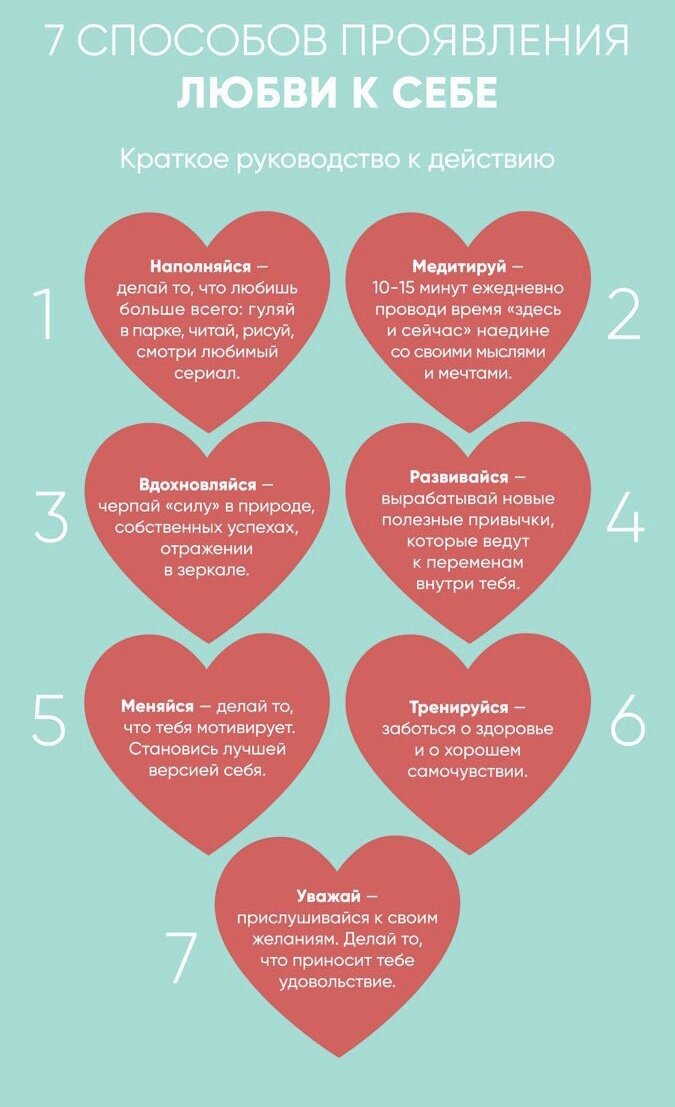Как полюбить себя:
изучите себя;
работайте над самооценкой;
развивайте уверенность в себе;
составьте портрет нового себя;
составьте план жизни;
развивайте чувство юмора.
