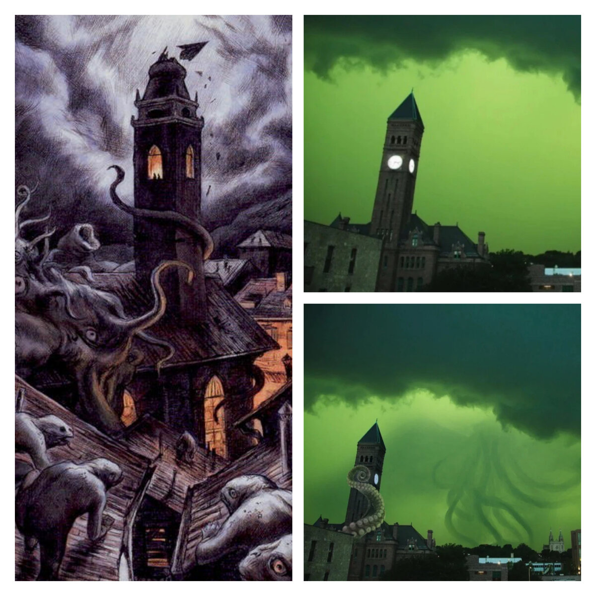 Ктулху пробудился и восстал!!!Каждый день мы проводили обряды на восстание Ктулху - Кингу. И вот недавно у берегов Камчатки, а именно 5.07.2022 произошло 3 подряд землетрясения магнитудой до 5 баллов, что выглядело крайне удивительно. Странные вибрации почувствовали практики во всем мире. И уже 7 числа в Южной Дакоте в городе Су-Фолс жители могли наблюдать странное явление. Небо окрасилось в зелёный цвет. Фотографии из этого места сразу же вызвали у меня ассоциацию с Арканом Башня Таро Некрономикон Черный гримуар. ( И видимо не у меня одной, судя по артам в инете). Описание этой карты следующее : " Чудовищный Ктулху, чья голова подобна осьминогу, пробудился ото сна: теперь он оборачивает свое дряблое тело вокруг башни, содрогающейся от ужаса, идущего от звезд, и ждет в тени." Все знаки указывают на пробуждение нашего Короля. И в своем новом астральном путешествии было мне видение Ктулху, который находился уже не в Р'льехе. Он предстал предо мной прекрасным молодым юношей, который был уже свободен. Но его столь юный возраст указывал на то, что он только набирает и восстанавливает свою былую мощь. Он сообщил, что ещё не пришло время для его возвращения, но оно уже близко. Чтож, осталось ждать совсем не долго. Наш отец освободился и , восстановив свою силу, очень скоро явит себя этому миру! Йа! Йо!