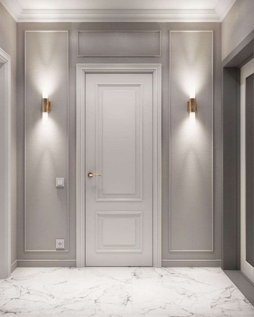 Прихожая в серых тонах с белым полом под мрамор - дизайнер Александр Лоскутов