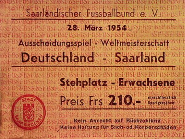 Билет на отборочный матч ЧМ - 1954 Саар – ФРГ