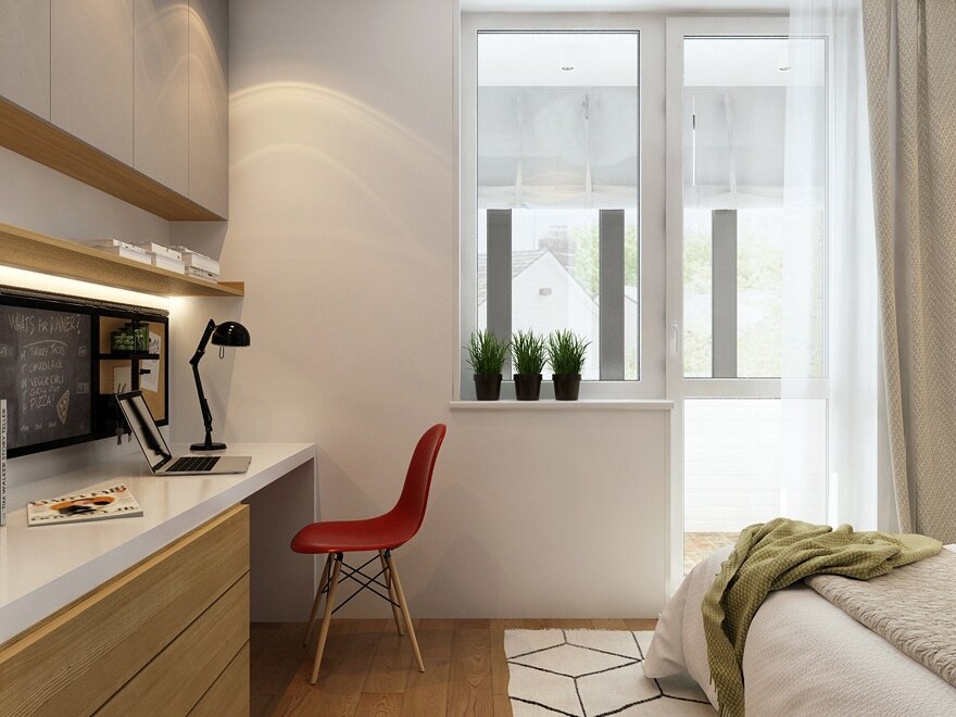 Просто, но со вкусом. Прямоугольная сканди-студия с интересными решениями