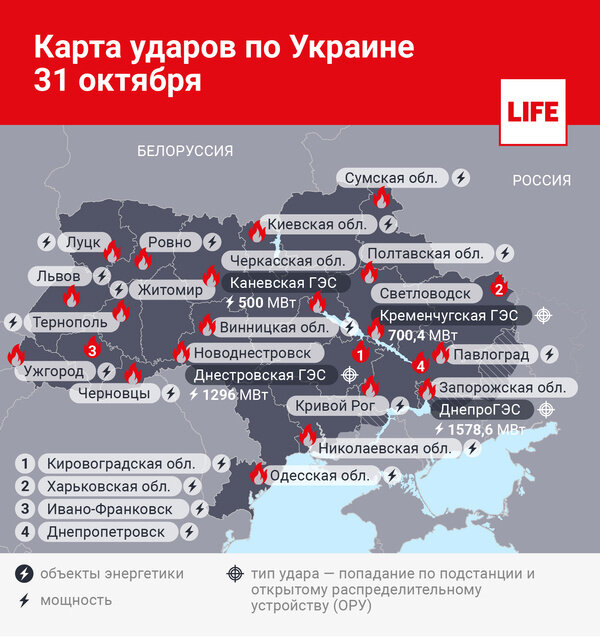 Карта ударов по Украине 31 октября. Инфографика © LIFE