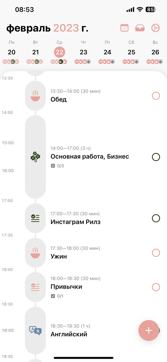 Пример структуры дня в приложение Structured