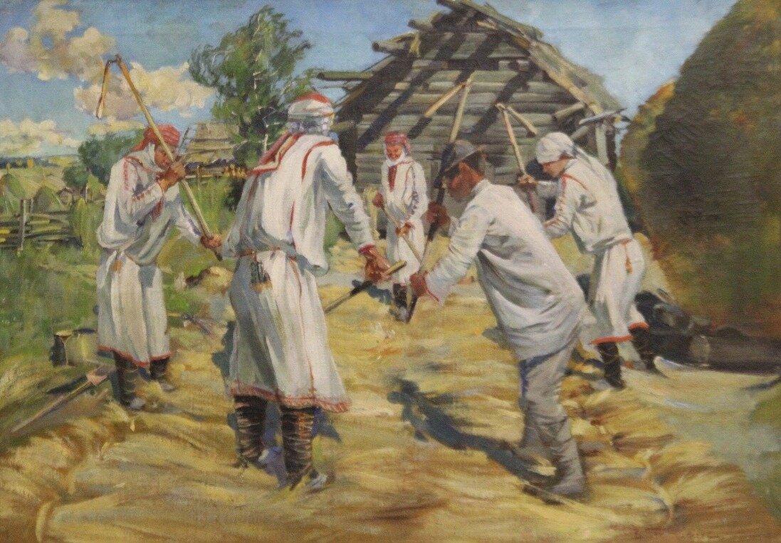 Труд и быт. Марийский художник Тимофеев Василий Кириллович. Марийцы 1919. Цеп орудие для обмолота зерна. Крестьяне молотьба 19 век.