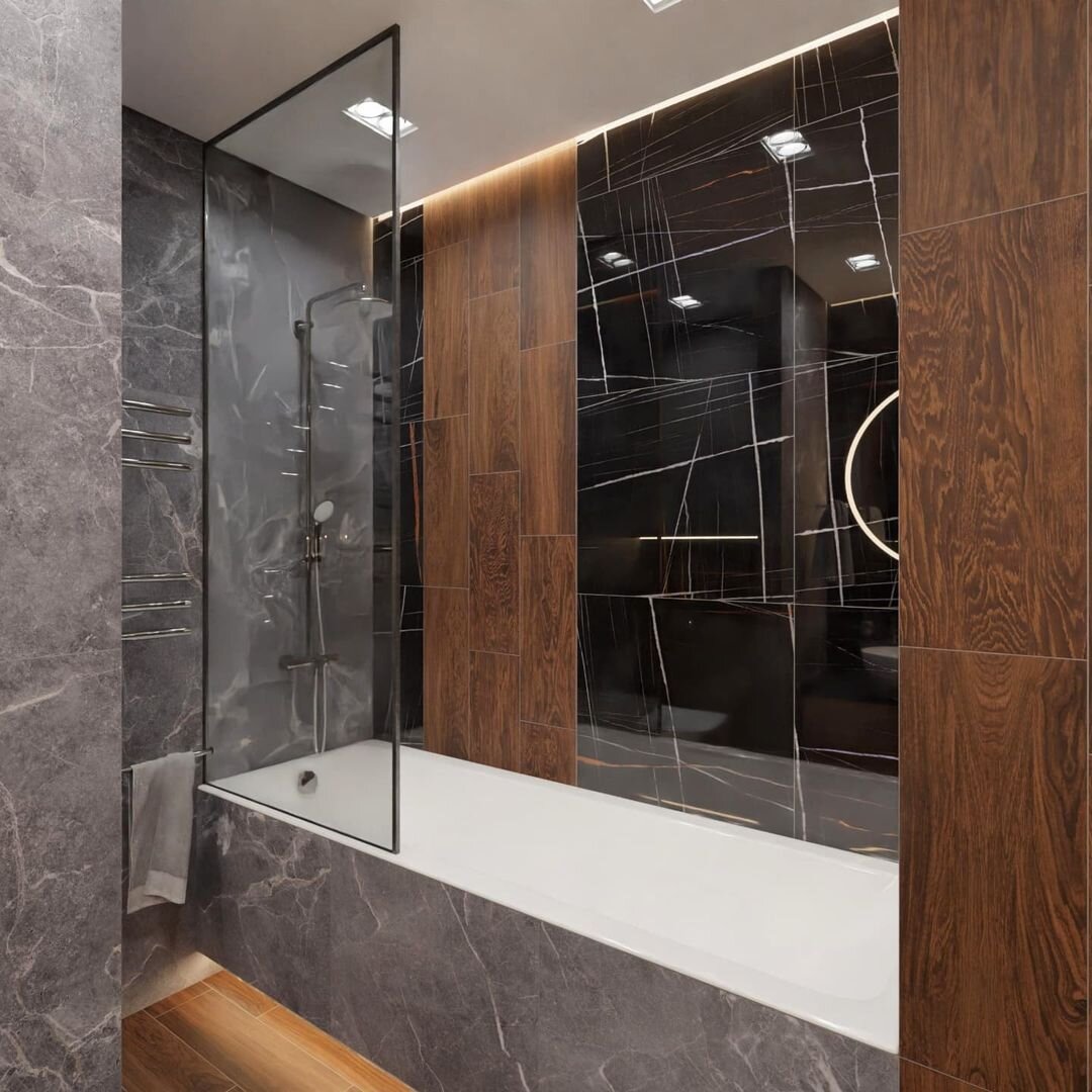 Дизайн ванной комнаты с керамогранитом из коллекции MARBLE TREND и MADERA от KERRANOVA