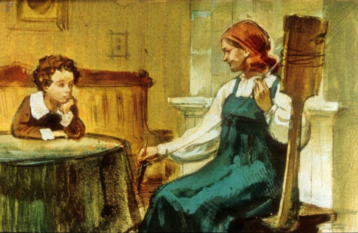 Пушкин и Арина Родионовна. Картинка из советского диафильма о Пушкине. 