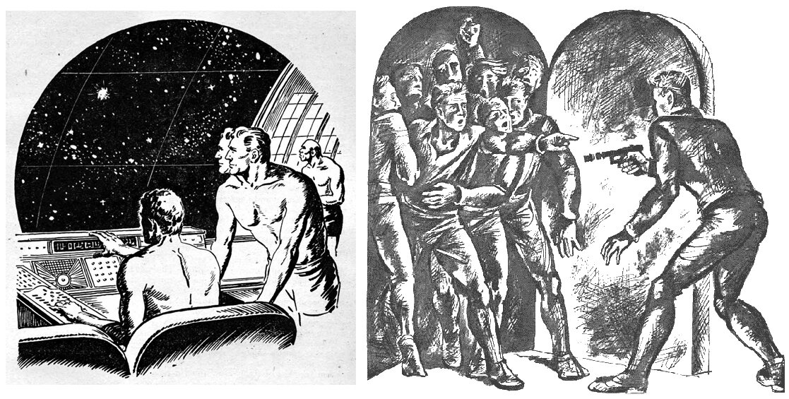 Иллюстрации из книг. Слева "Пасынки Вселенной", справа "Поколение, достигшее цели".