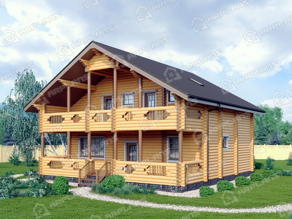 Фото 2 деревянного двухэтажного дома из бревна с мансардой, 5 спальнями, балконом, котельной и террасой. Полезная площадь 171 кв м. Источник arplans.ru Проект ДО-139 