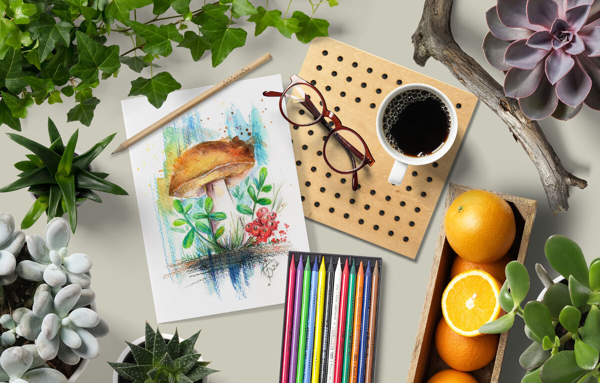 Иллюстрация "Гриб". Бумага, акварель, карандаши, 15*21