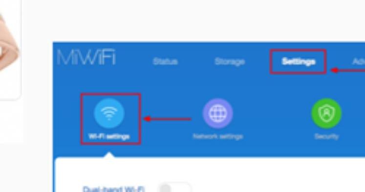 2.	В левом верхнем углу   логотип   белый MI Wifi .  Правее его второй пункт (второй иероглиф,  основные настройки  ,   basic setting )  - нажимаем на него .  Ниже появится синий ярлык wi-fi.