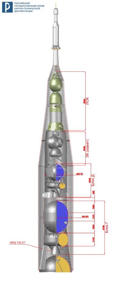 Шлядинский А.Г. Модель головного блока Н-1 с комплексом Л-3, выполненная в программе Autocad (в разрезе). РГАНТД. Личный фонд А.Г. Шлядинского.