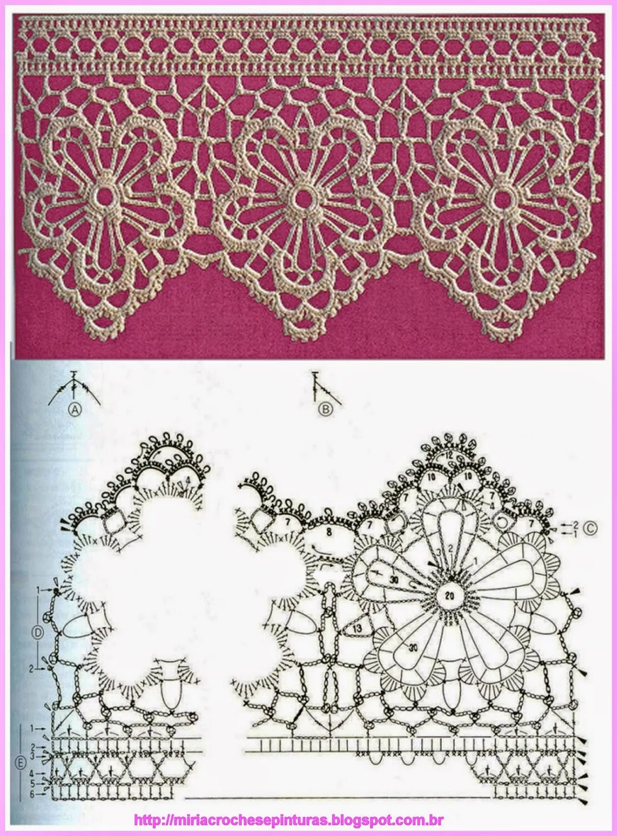 Схема кружева крючком. Кайма и прошва крючком. Кружево крючком. Широкая ажурная кайма. Отделочное кружево крючком.
