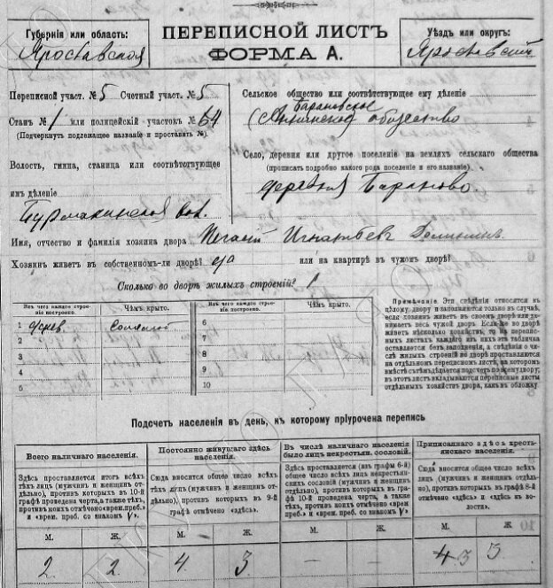 Заполненный бланк переписного листа