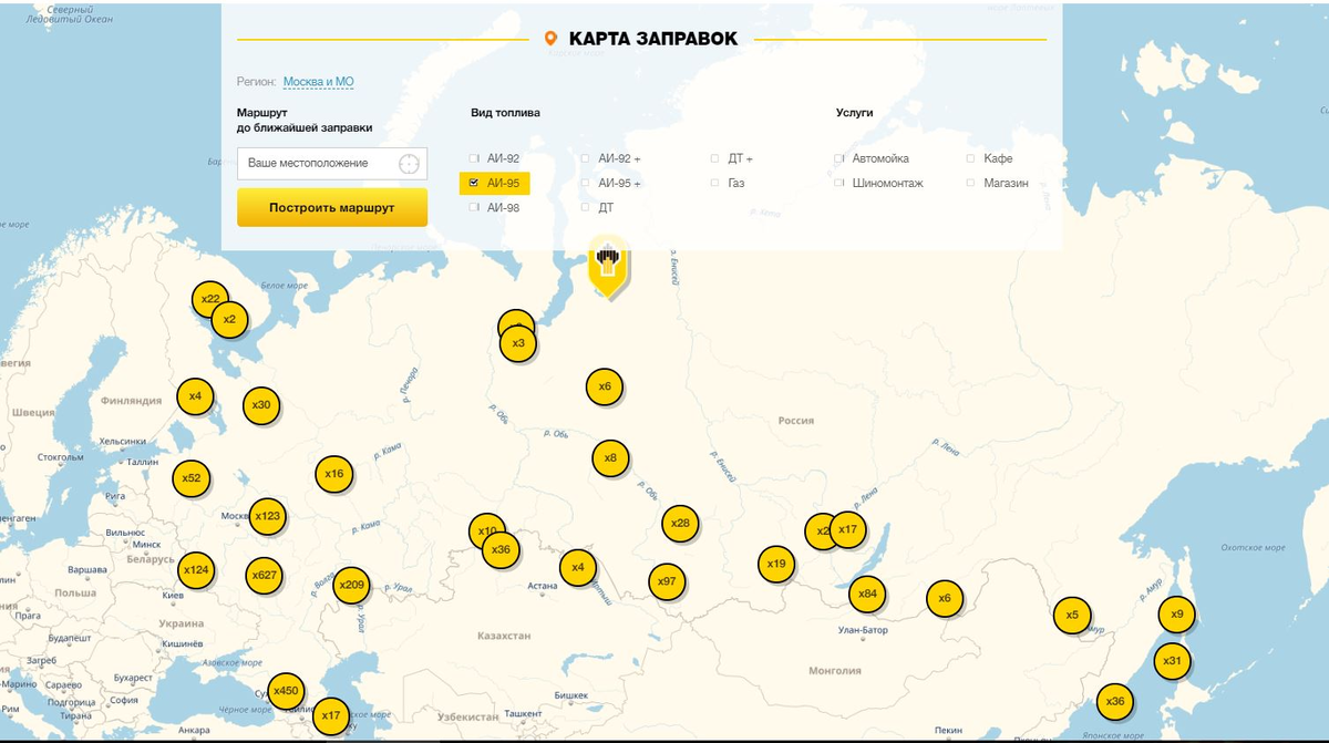 Это примерный разброс АЗС по стране