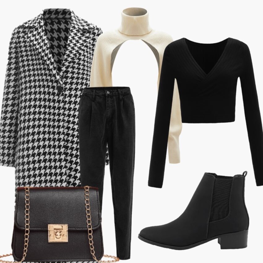 Пальто с интересным принтом и кроп-топ свитер для интересного образа и чтобы не замерзнуть.