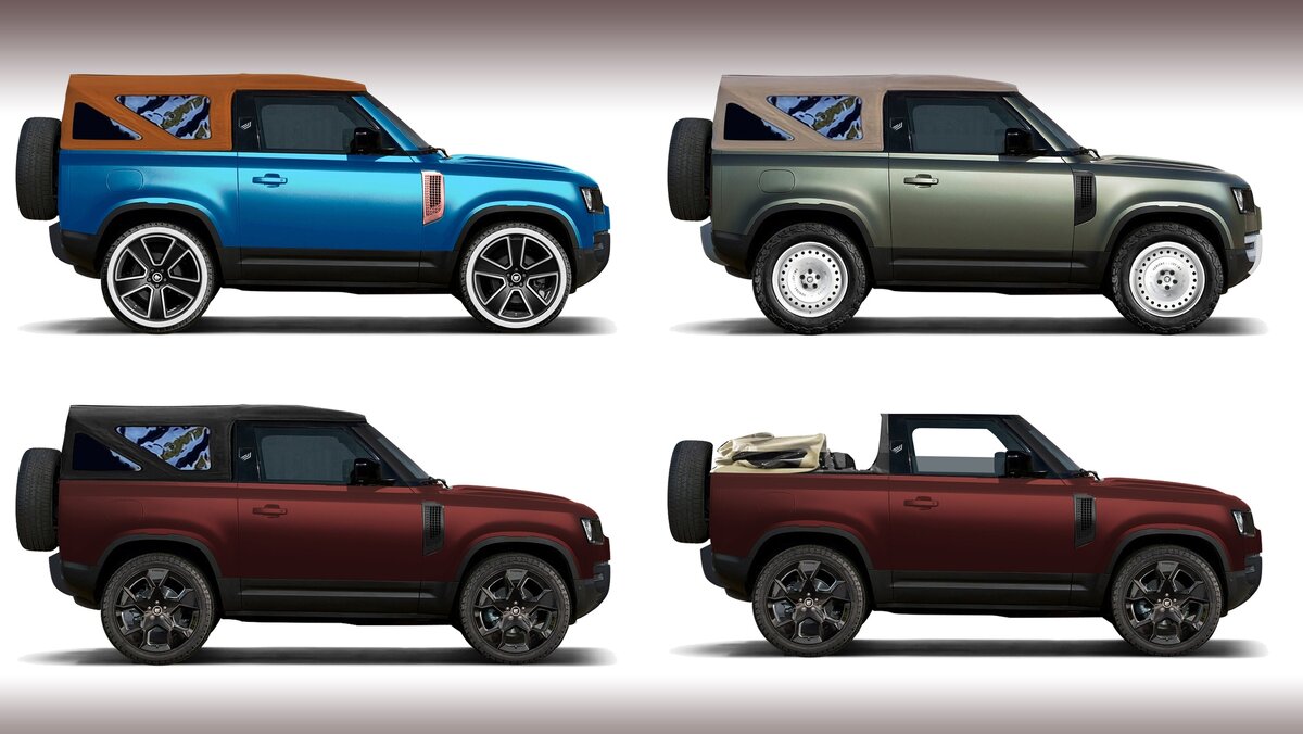 Valiance Convertible предложен в трёх вариантах: синий Côte d’Azur с мягким верхом коньячного цвета и 22-дюймовыми колёсами Space Cowboy, шинами с белыми боковинами; зеленоватый Solihull Sand с белыми ретродисками на 20 дюймов и песочным верхом (оттенки подражают первому Ленд Роверу HUE I66 1948 года); матово-красный Kokkini Paralia с дисками Supersonic (22 дюйма) и чёрным верхом.