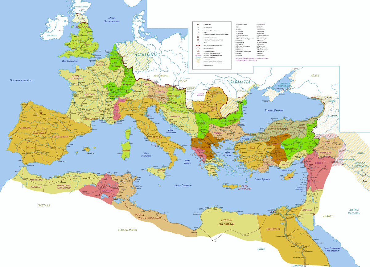 Территория Римской Империи к концу 2-го века н.э. Если ткнете пальцем в какую-нибуль закрашенную территорию на карте  - вполне вероятно, что оттуда родом был какой-то император.  Из открытых источников