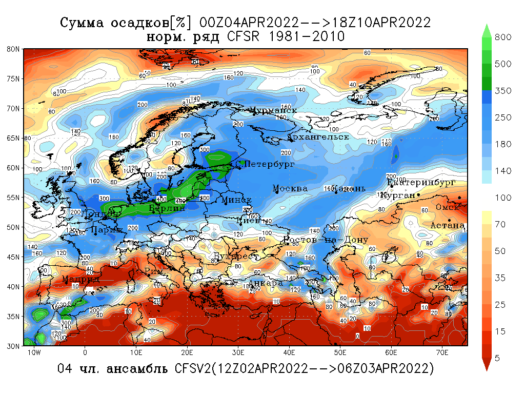 Ожидаемое распределение аномалий количества осадков на неделе 4-10 апреля. Прогноз по модели CFS/NCEP