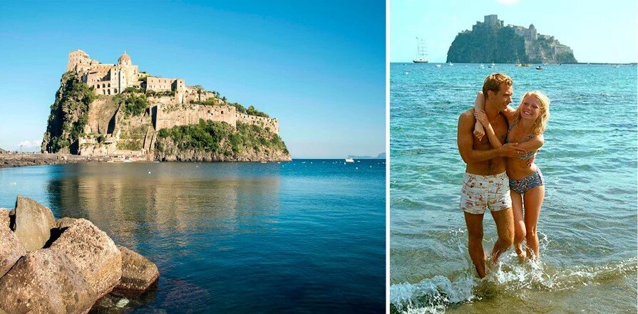 Искья-Порте в Неаполитанском заливе и кадр из фильма "Талантливый мистер Рипли"