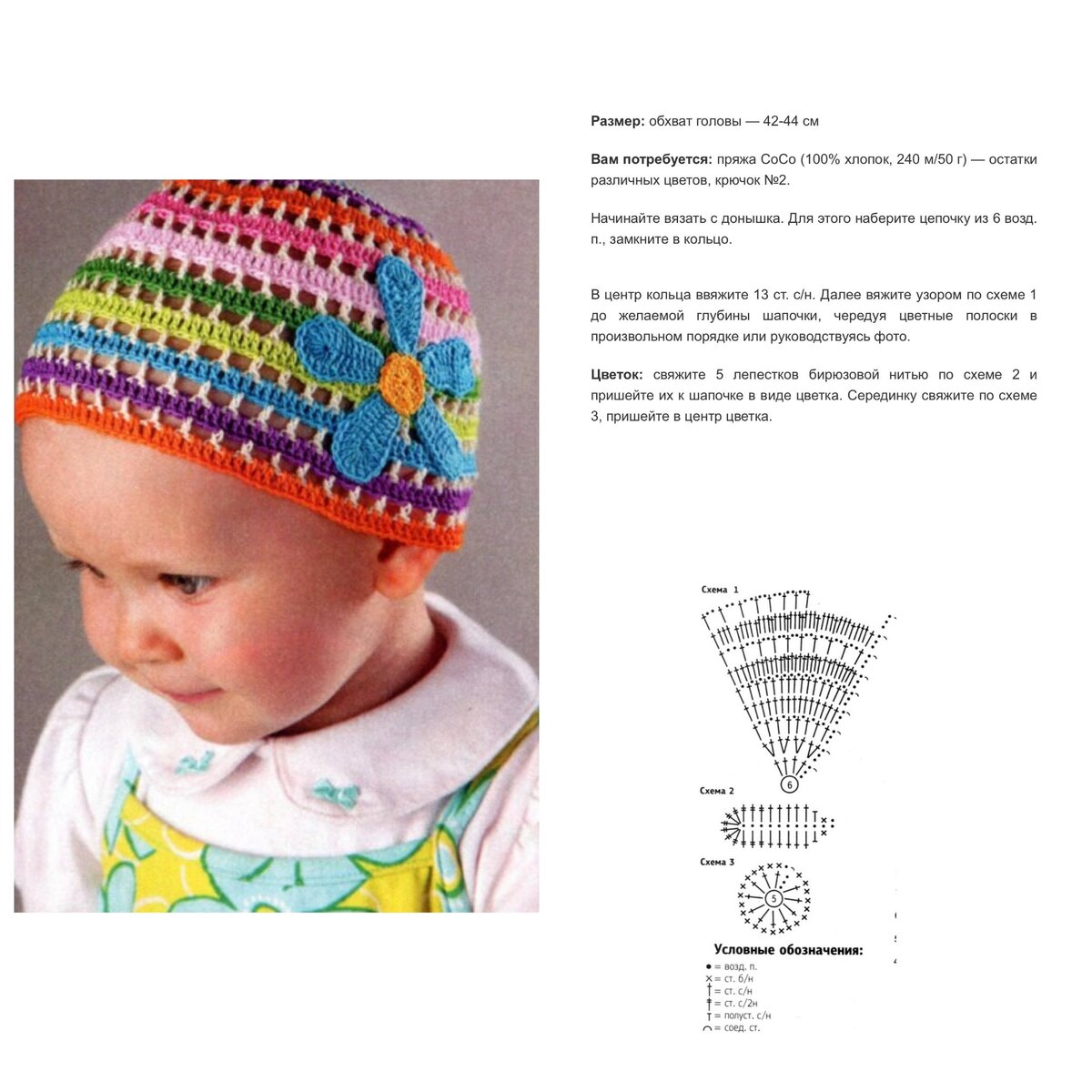 Детские шапочки крючком, 22 модели с описанием и схемами вязания