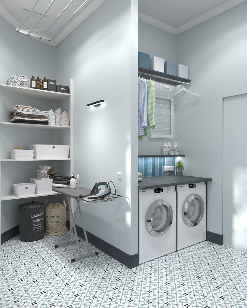 напольная плитка 45x45 см с мелкими геометрическими рисунком в интерьере прачечной