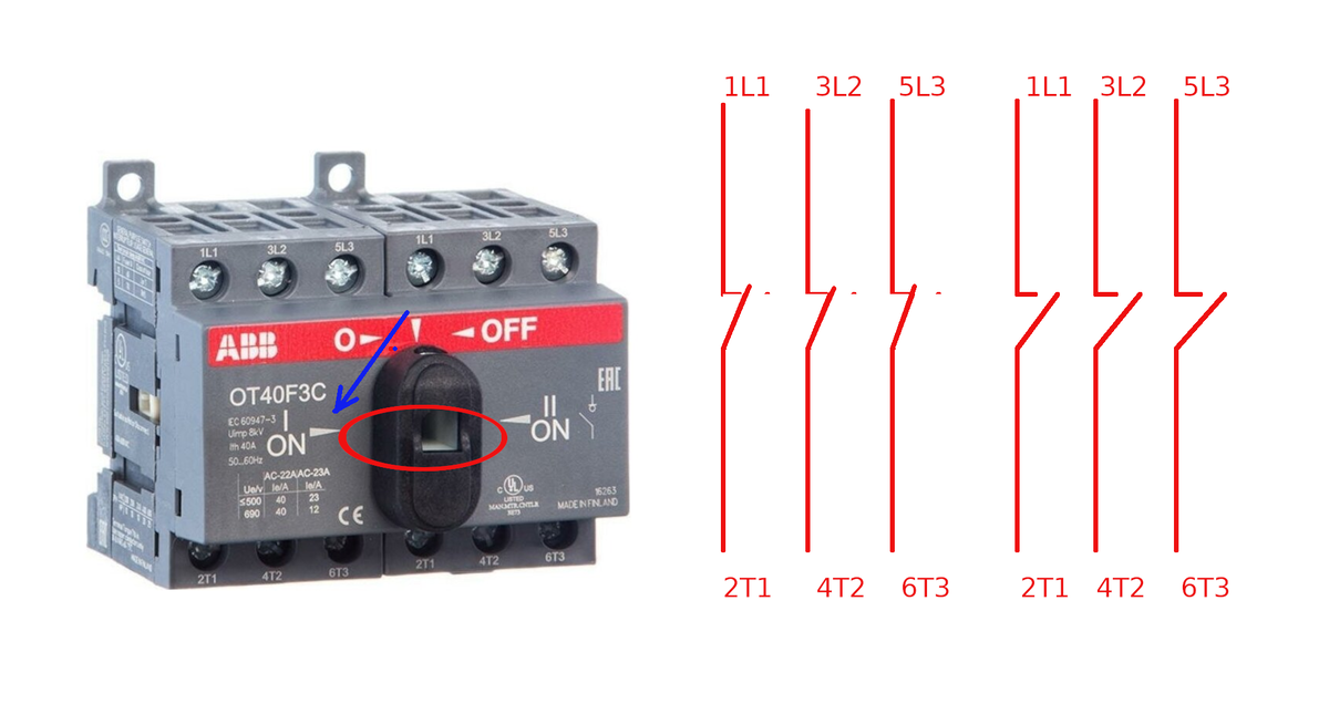 Рубильник реверсивный OT40F3C 40А (23А AC23) ABB 1SCAR | купить в розницу и оптом