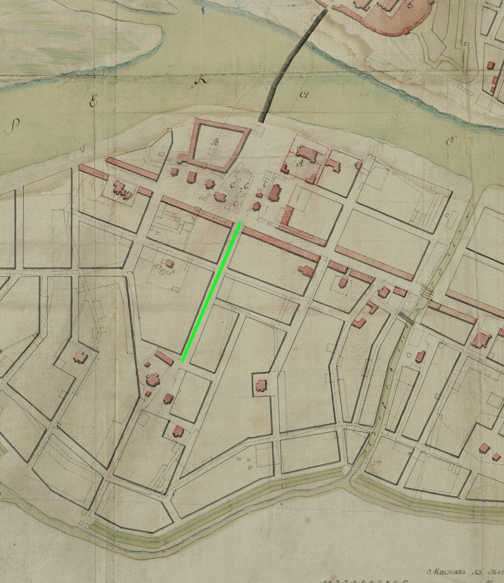 Фрагмент плана Новгорода 18 век. Зеленым отмечена Ильина улица. 