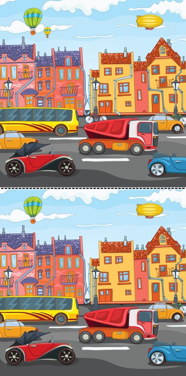 Мегаполис. Пробки. Воздушные шары над головой. Узкие улочки. 4 отличия. Всё просто? ну посмотрим, ищите по внимательнее. Карточка не так проста как кажется:)