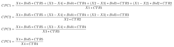 Формула взята из официальной  справки Яндекс.Директе. Здесь CPC1 - стоимость клика для 1 позиции, CPC2 - для второй и т.д. .