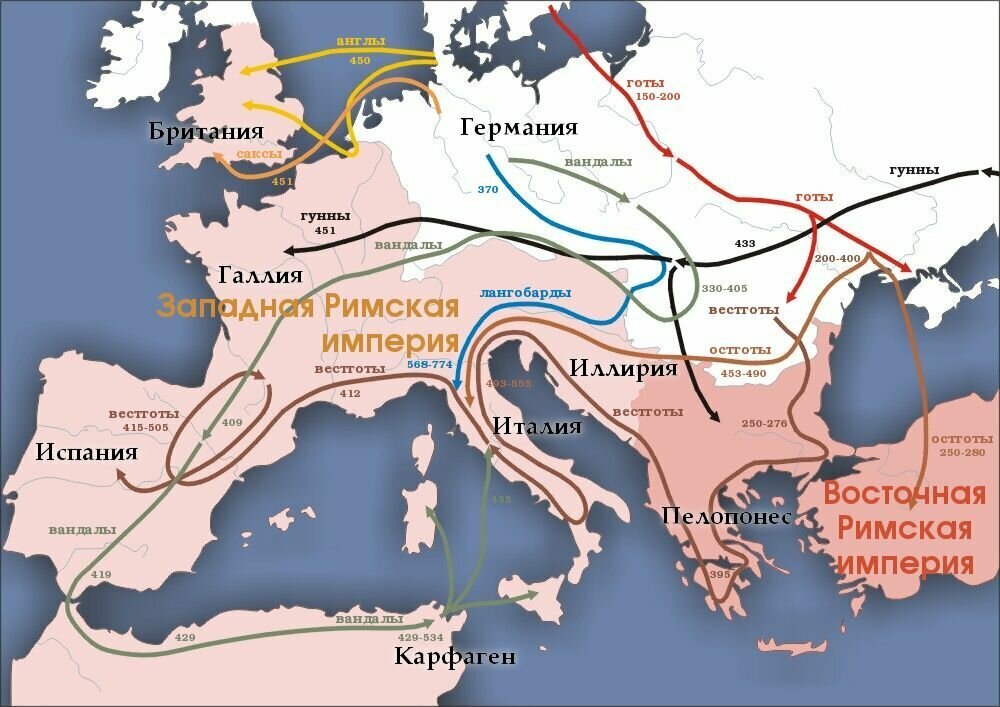 карта перемещений народов, вызванного Западным походом гуннов