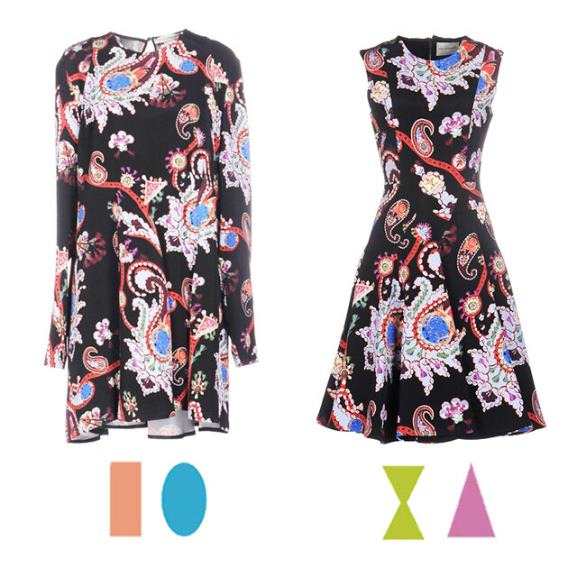 пример платья с одним принтом, но разного фасона для разных силуэтов